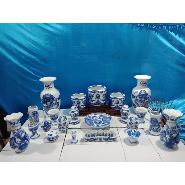 BỘ ĐỒ THỜ GỐM SỨ BÁT TRÀNG MEN LAM