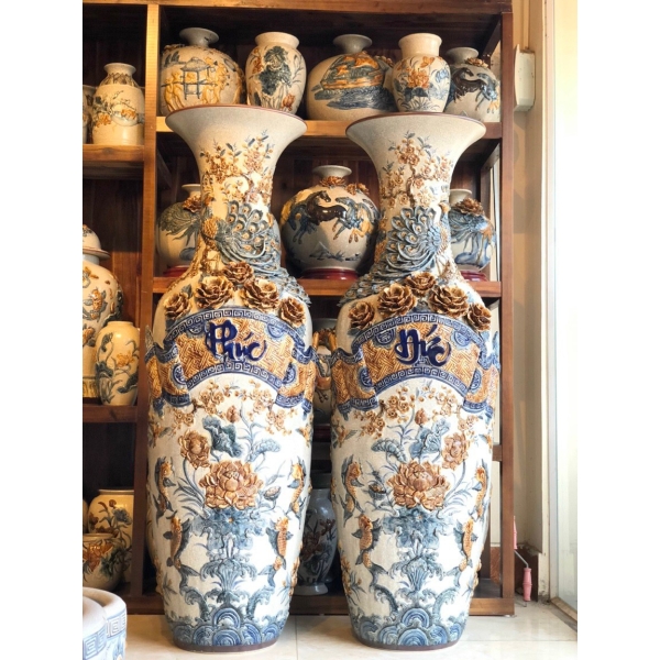 LỤC BÌNH MEN RẠN ĐĂP NỔI PHÚC ĐỨC  CAO CẤP