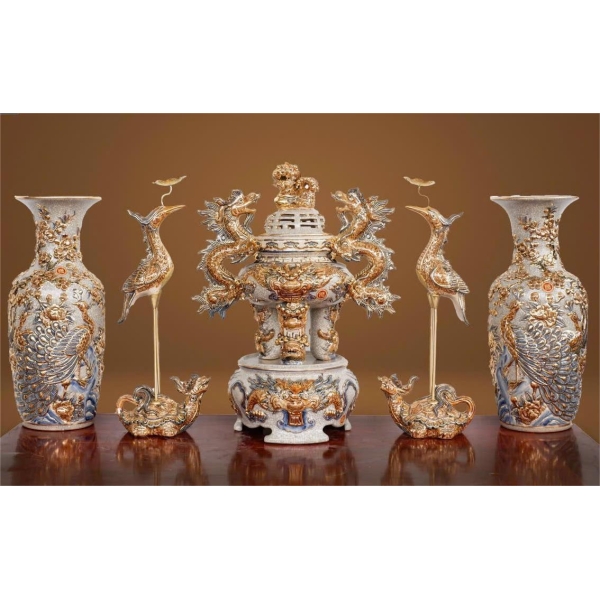 BỘ ĐỒ THỜ MEN RẠN ĐẮP NỔI CAO CẤP