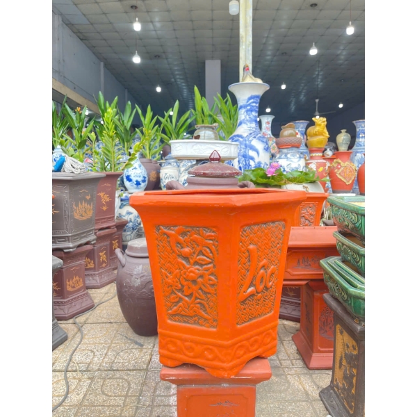 CHẬU GỐM LỤC GIÁC KHẮC NỔI PHÚC_LỘC_THỌ