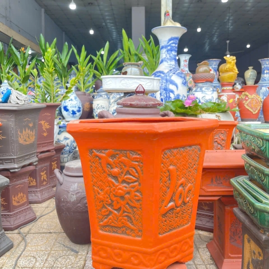 CHẬU GỐM LỤC GIÁC KHẮC NỔI PHÚC_LỘC_THỌ